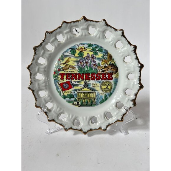 Tennessee Decorative Porcelain Plate With Gold Trim Lacy Edge & State Symbols Fe - Picture 5 of 14